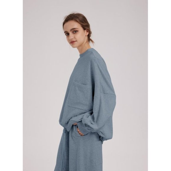 NAP Loungewear Blue Oversized Drawstring Hem Cotton Sweatshirt Mock Neck Sz XS-M - Picture 6 of 6